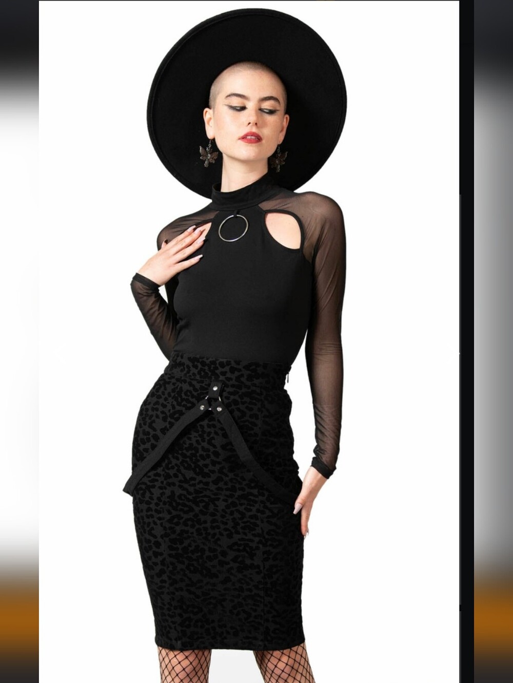 Killstar Black Leopard Jacquard Pencil Skirt with Strap Detail